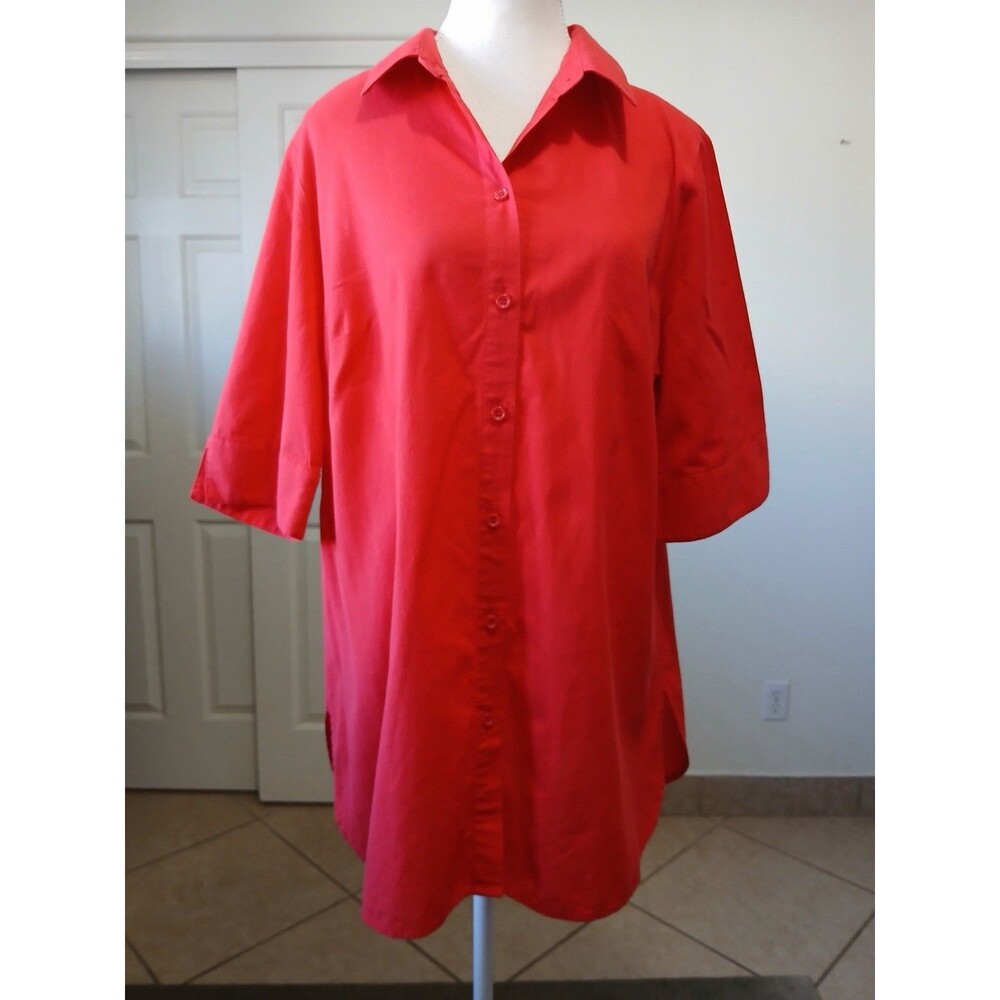 Chico’s‎ Red Lace Up Back Button Front Blouse Short Sleeve Tunic Size 2 Large - Picture 3 of 15